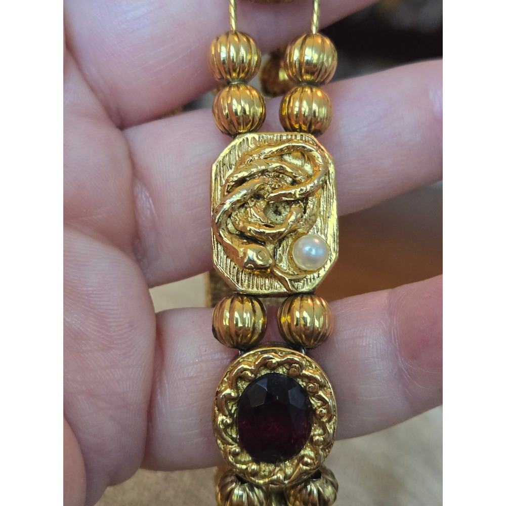 Unsigned Goldette Slide Charm Substantial Bracelet Cameo Snake Safety Chain - Picture 5 of 12